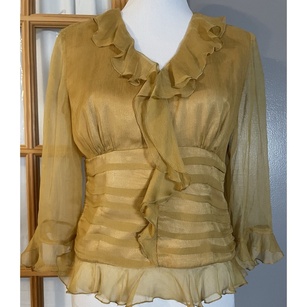 WDNY Silk Pleated Chiffon Blouse Sz M Gold Ruffles Sheer Sleeve Classic Career